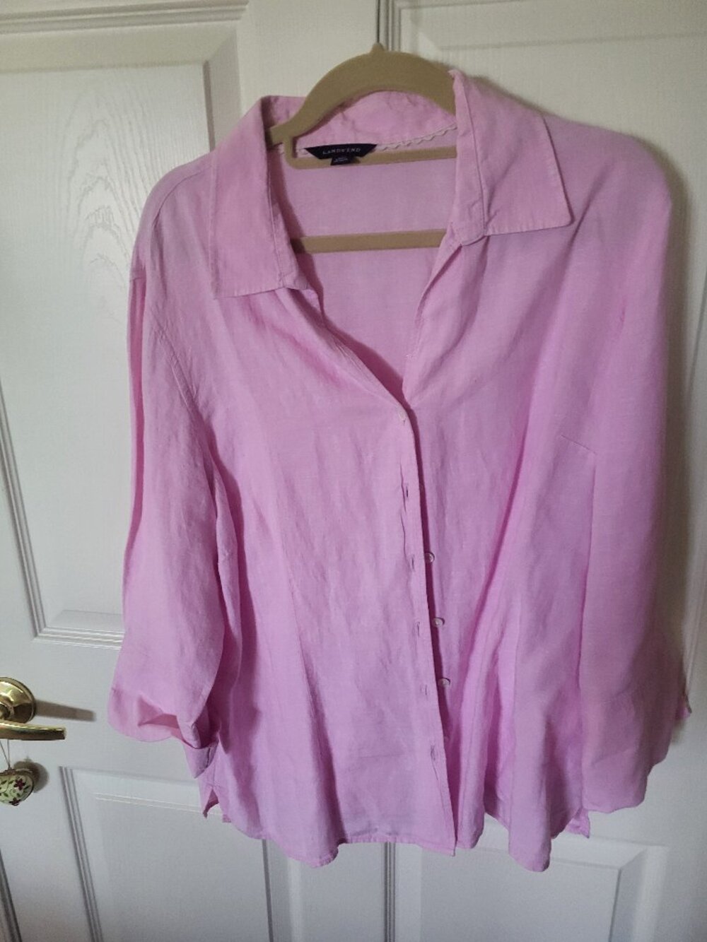 Lands' End Pink Linen Button-Down Shirt 3/4 Sleeve Top (L)